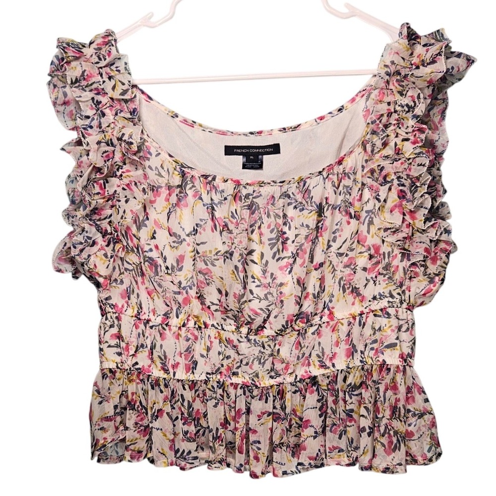French Connection Floral Ruffle Peplum Blouse XL Fairycore Garden Party Chiffon